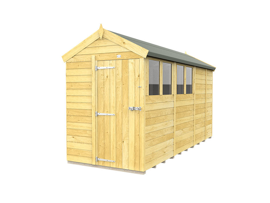 The ShedsDIY Apex Shed 5ft Wide is a charming wooden garden shed with tongue and groove construction, featuring a peaked roof, a single door with left metal hinges, and three side windows. It boasts a natural wood finish that complements its green-covered roof.