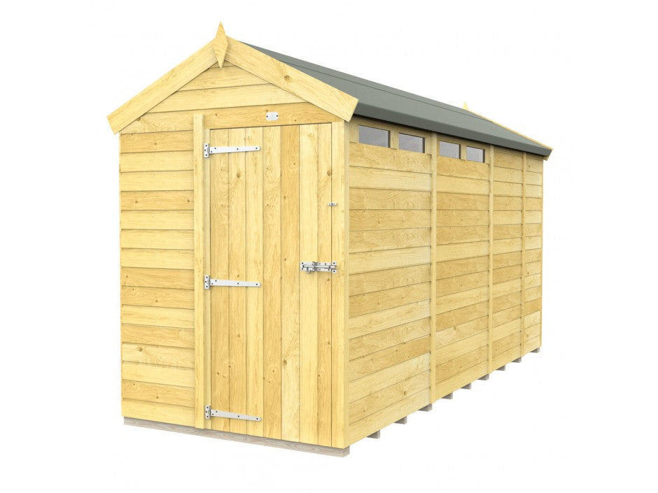 The Apex Shed 5ft Wide by ShedsDIY is a wooden garden shed with tongue and groove design, featuring a gable roof. It has a light brown finish with small horizontal windows near the top and is complemented by a dark green roof. The closed door is secured with metal hinges and a latch.