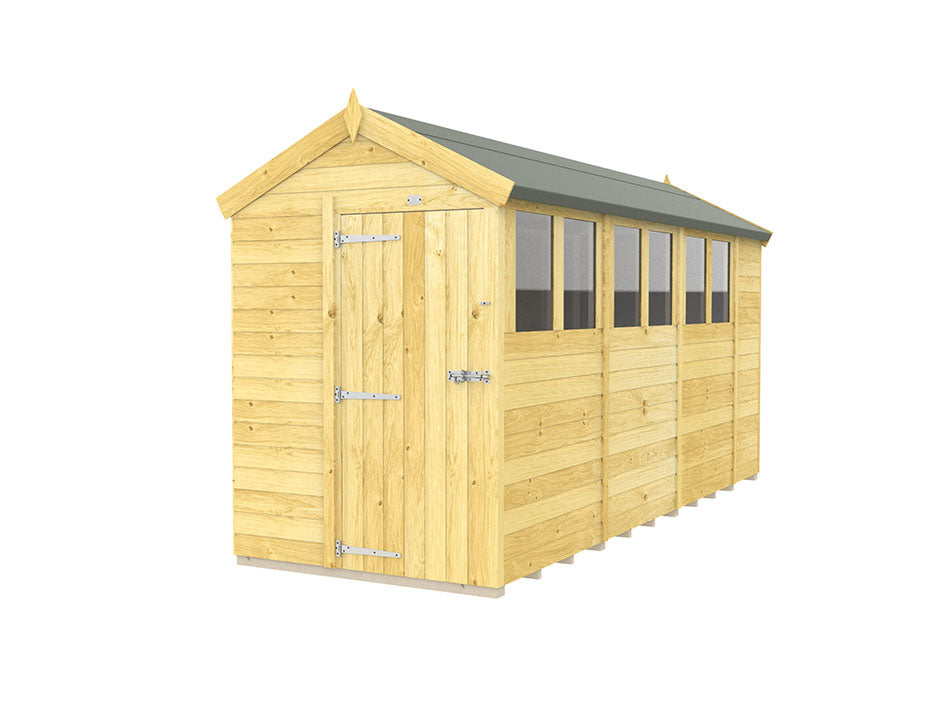 The ShedsDIY Apex Shed 5ft Wide has a light brown finish, a slanted green roof, and features a hinged door with metal hardware. Three rectangular side windows allow natural light in. Built with tongue and groove construction, this shed offers a simple, sturdy design.