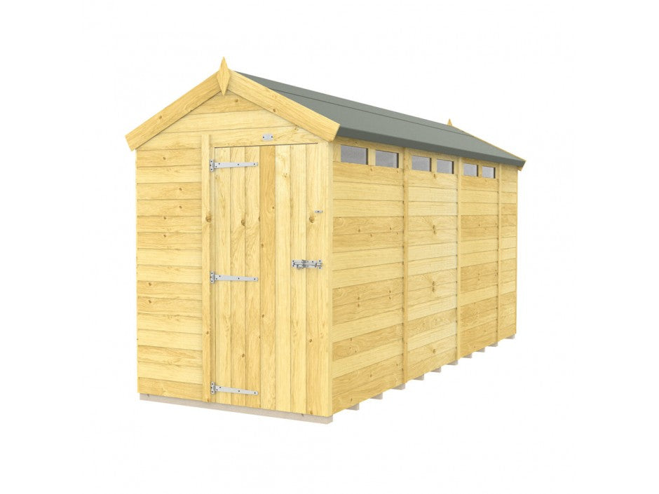 ShedsDIY's Apex Shed 5ft Wide is a charming wooden garden shed with a peaked roof, four square windows on one side, and a single door with metal hinges and latch. The dark roof contrasts beautifully with the light wood panels crafted using tongue and groove construction.