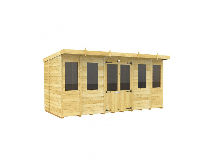 The Pent Summer House by ShedsDIY is a wooden garden shed with a flat roof, large glass windows, and light-colored wood. It features a central double door flanked by windows and a slightly overhanging roof for weather resistance, making it perfect for storage or as a quaint retreat.