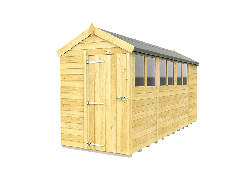 The ShedsDIY Apex Shed 5ft Wide features a wooden design with a slanted roof and single front door. Its tongue and groove construction includes side windows, a natural wood finish, and a green roof, beautifully set against a plain white background.