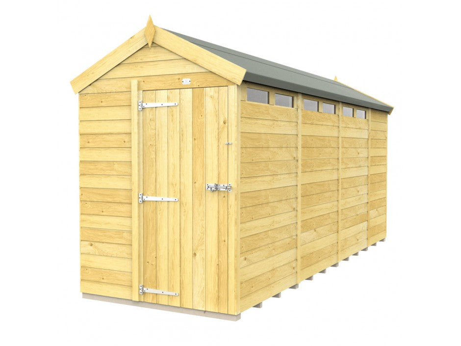 The Apex Shed 5ft Wide by ShedsDIY showcases a classic style with a pitched roof and horizontal cladding. It features durable tongue-and-groove construction, a metal-hinged door, and small rectangular windows near the roof, all set against a plain white background.