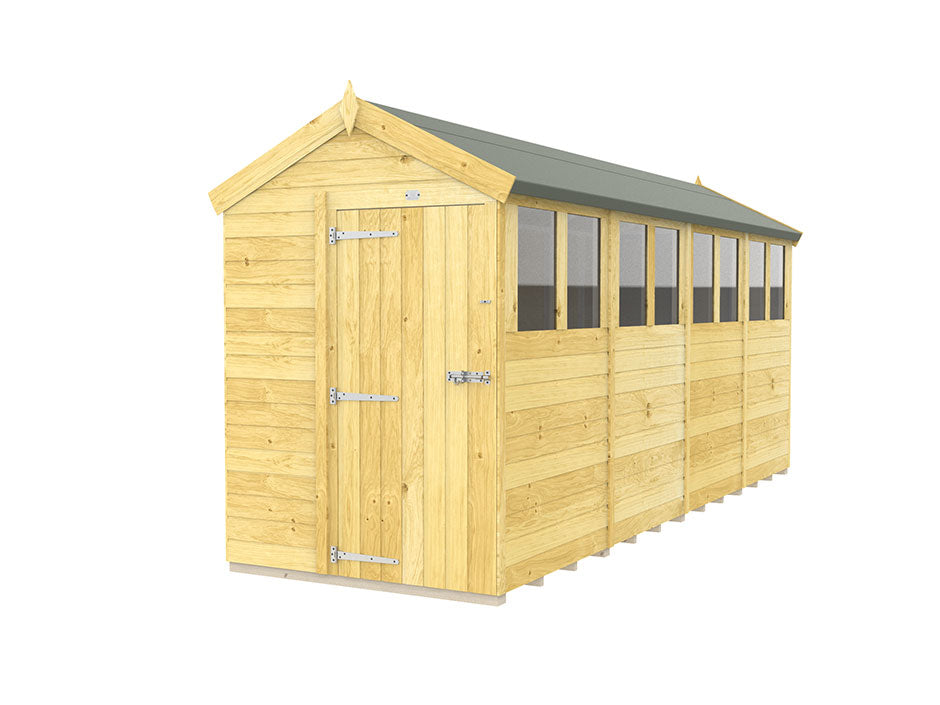 The 5ft wide Apex Shed by ShedsDIY is a classic design with tongue and groove construction. It features a green roof, single door with metallic hinges on the shorter side, multiple rectangular windows on one side, and rests against a plain white backdrop.