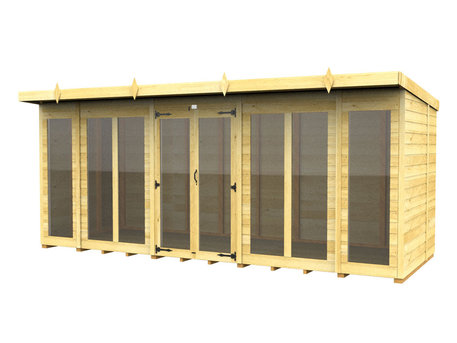 The "Pent Summer House" by ShedsDIY features large glass panels, double doors, and a flat roof with decorative peak edges. Its light wood and weather-resistant design offer a clear view while ensuring durability. Ideal as a summer house.