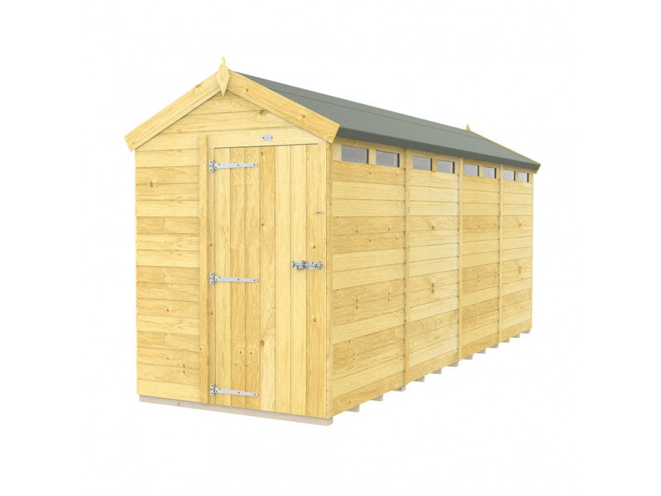 The ShedsDIY Apex Shed 5ft Wide features tongue and groove construction with a green roof, a robust wooden door with metal hinges and lock, and charming small windows along the top, set against a plain white background.