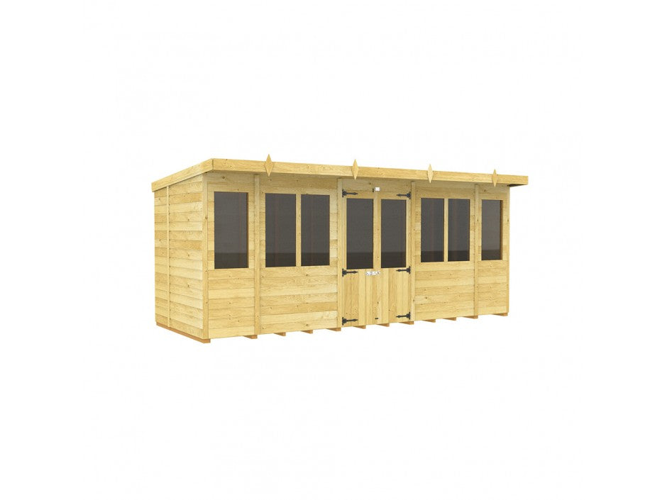 The Pent Summer House by ShedsDIY is a weather-resistant garden office featuring six large windows and a double glass door. With its flat roof and natural wood finish, it combines the elegance of summer houses with functional style.