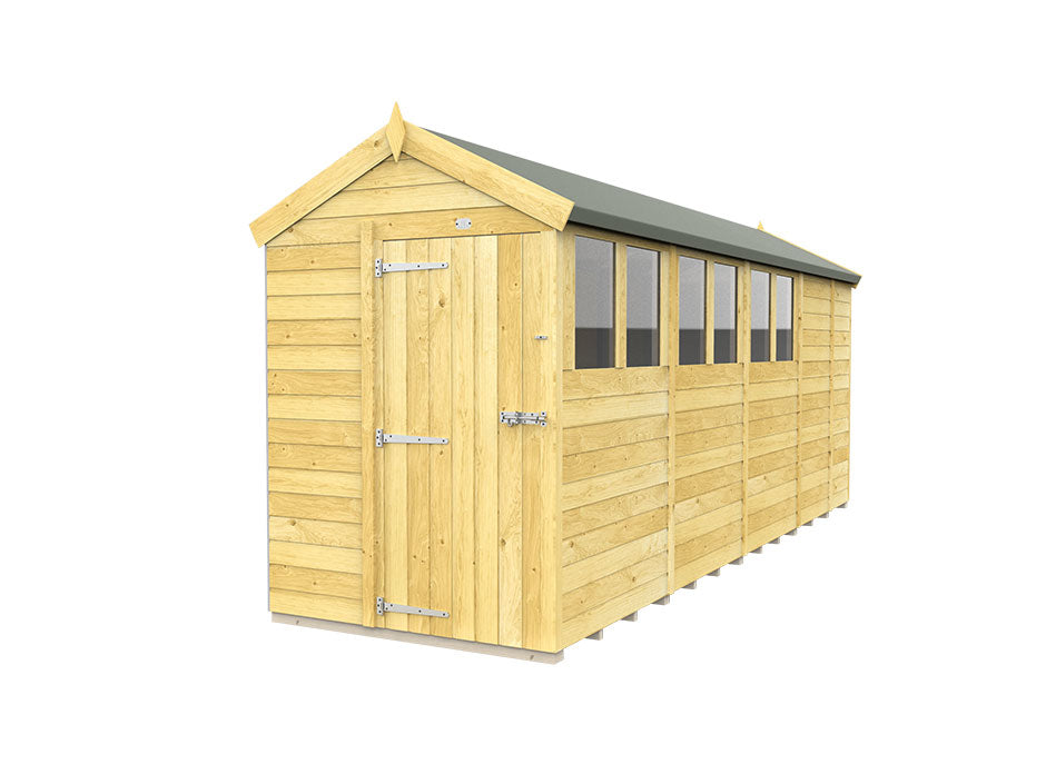 The ShedsDIY Apex Shed 5ft Wide features durable tongue and groove construction, a green pitched roof, and four side windows. Its door, located on the shorter side, has metal hinges and a latch, with a natural wood finish.