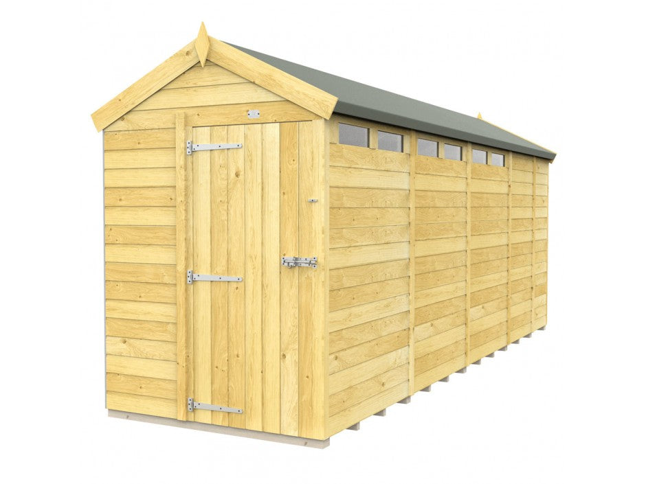 The ShedsDIY Apex Shed 5ft Wide features a green roof, metal hinges, and tongue and groove construction for durability. Its single door and small side windows offer a simple, functional design ideal for outdoor storage.