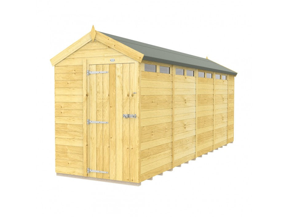 ShedsDIY presents the Apex Shed 5ft Wide, a charming wooden garden shed featuring a pitched green roof and four small square windows. Constructed from tongue and groove panels, it has a single door with metal hinges, elegantly displayed on a white background for your outdoor space.