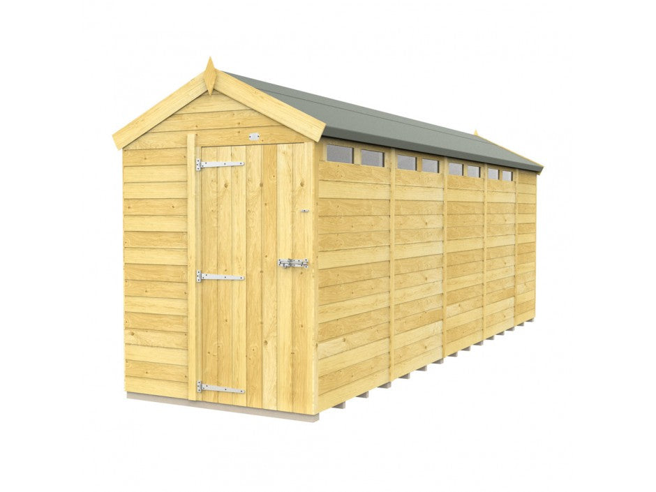 The Apex Shed 5ft Wide by ShedsDIY features a large wooden garden design with a sloped dark gray roof, multiple small windows, and light-colored wood. Its tongue and groove construction ensures durability, while the solid wooden door has metal hinges and a latch for added security.