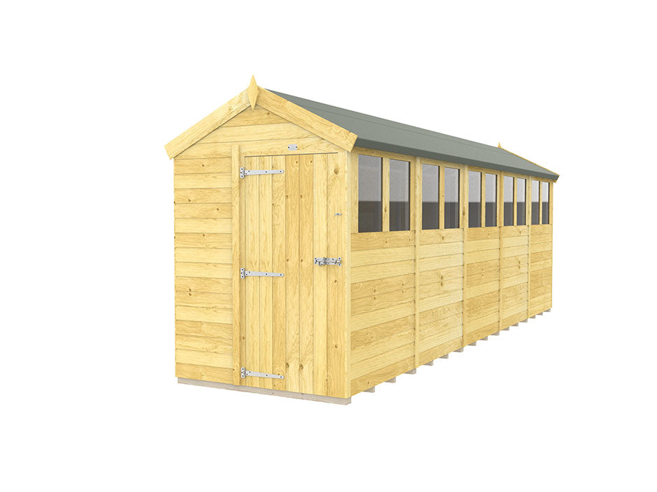 The Apex Shed 5ft Wide by ShedsDIY showcases its length and craftsmanship with tongue and groove construction, side windows, a gabled roof with green felt, and a door with metal hinges and latch.