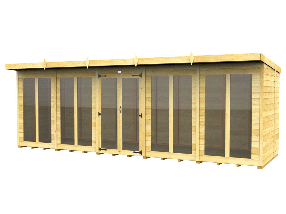 The ShedsDIY Pent Summer House is a wooden modular building with a flat roof and symmetrical design, ideal for garden storage. It features six sections with large weather-resistant windows and two central doors with sturdy handles and hinges.