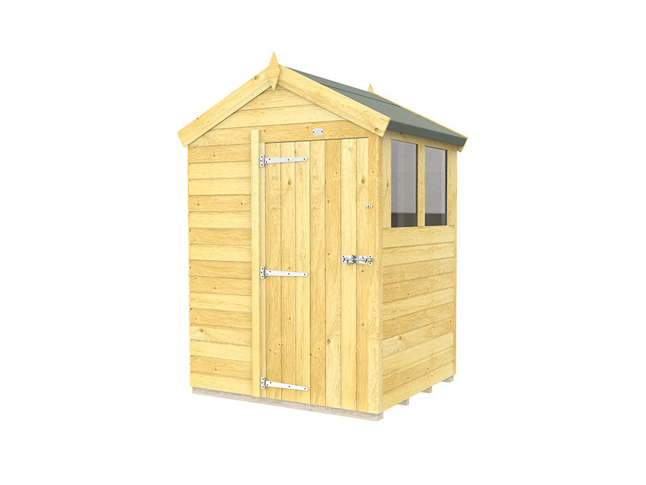 The ShedsDIY Apex Shed 5ft Wide features durable tongue and groove construction for its pitched roof and horizontal panels. The single front door has metal hinges, and two side windows enhance its design, making it an ideal sturdy wooden garden shed.