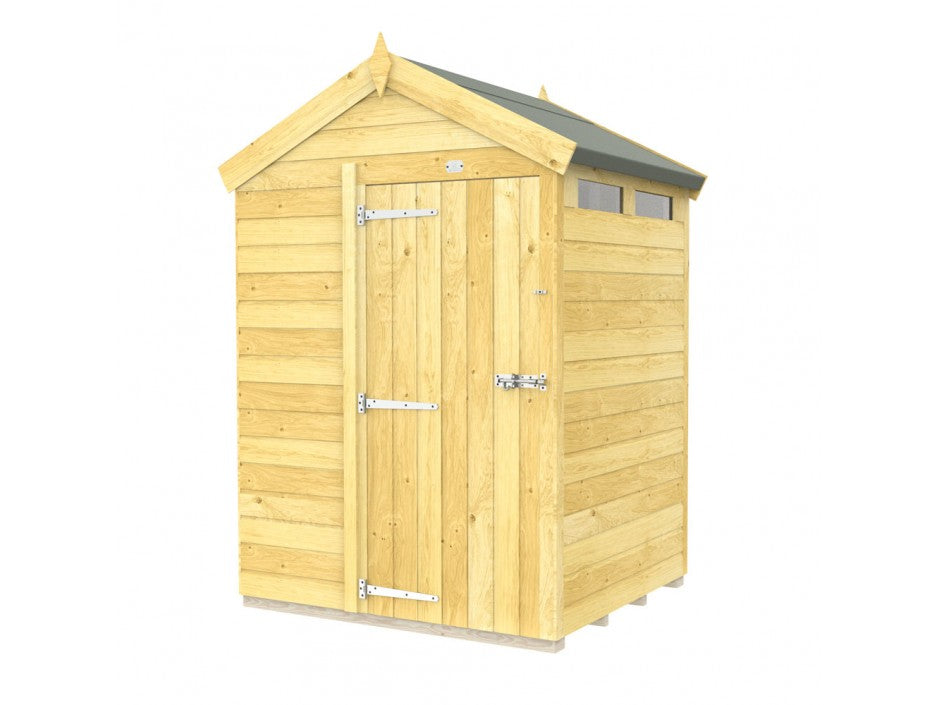 The ShedsDIY Apex Shed 5ft Wide boasts tongue and groove construction, a gabled roof with two upper windows, and a single door with metal hinges and latch. Made of light-colored wood, its roof is topped with dark material for classic garden elegance.