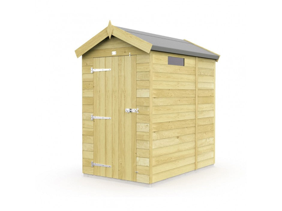 The Apex Shed 4ft Wide from ShedsDIY is a weather-resistant garden shed featuring a pitched roof, single door with metal hinges, and horizontal paneling in light wood. It includes a small rectangular window near the roofline, offering ideal garden storage.