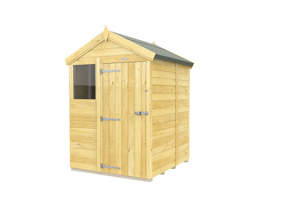 The Apex Shed 5ft Wide by ShedsDIY is a small wooden garden shed with tongue and groove construction, featuring a peaked roof, single door, side window, and metal hinges. Its light wood finish accentuates the natural grain beautifully.