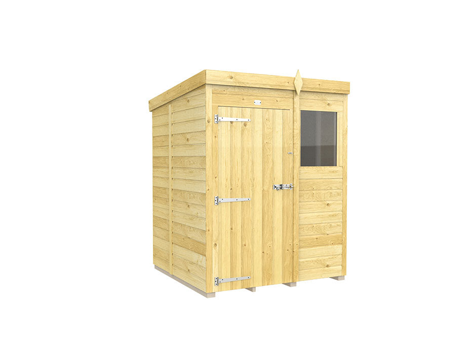 The ShedsDIY Pent Shed 5ft Wide has a flat roof and horizontal slats, a left-side metal-hinged door, and a right-side window. Its light wood finish and tongue-and-groove cladding add natural elegance and durability, true to the Pent Shed style.