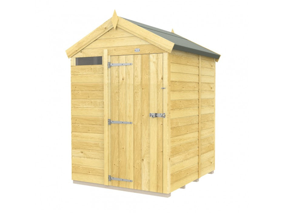 The 5ft wide Apex Shed by ShedsDIY features a pitched roof, side window, light-colored tongue and groove planks, metal hinges, and a latch on the door, making a sturdy addition to any flat surface.