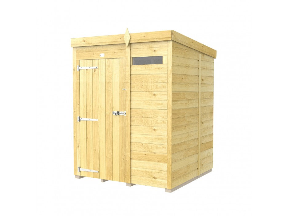 The Pent Shed 5ft Wide by ShedsDIY is a compact wooden shed featuring a flat roof, vertical tongue and groove cladding, and a hinged door with metal fixtures. It includes a narrow rectangular window above the door and offers a simple, natural finish, ideal for garden storage.