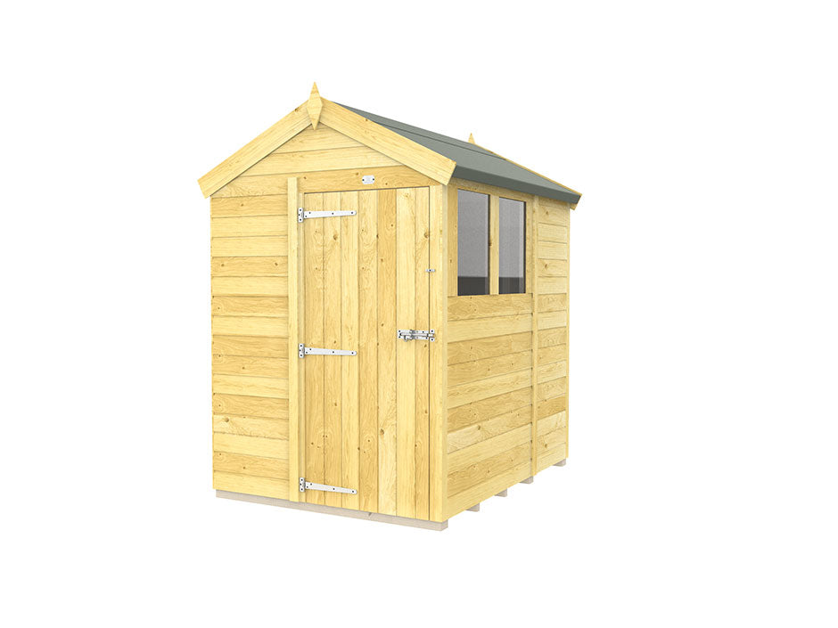 The ShedsDIY Apex Shed 5ft Wide is a compact wooden garden shed with tongue and groove construction, pitched roof, and single door. It features natural light-colored wood, a green roof, and two small windows on one side.