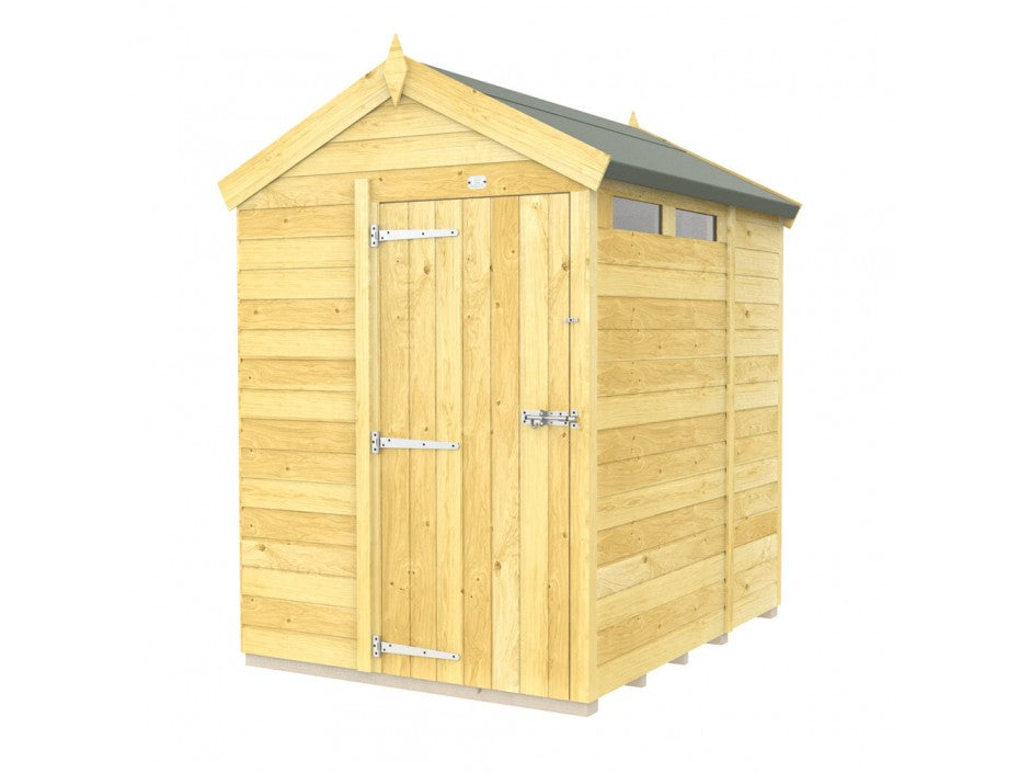 The ShedsDIY Apex Shed 5ft Wide is a compact wooden garden shed with a pitched roof, featuring tongue and groove construction. It includes two front hinges, a latch on the door, and a small rectangular window. The light wood contrasts with the dark material covering the roof.