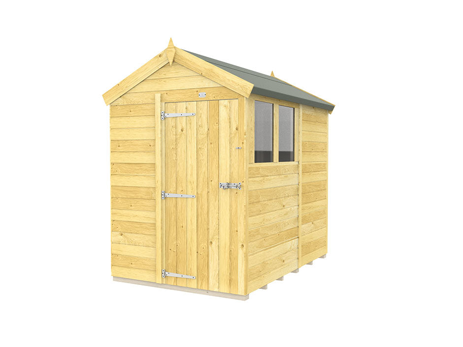 The ShedsDIY Apex Shed 5ft Wide features tongue and groove vertical siding, a pitched roof, a single closed door with metal hinges, and a side window. Its light wood contrasts beautifully with the darker roof, elegantly placed on a concrete base.