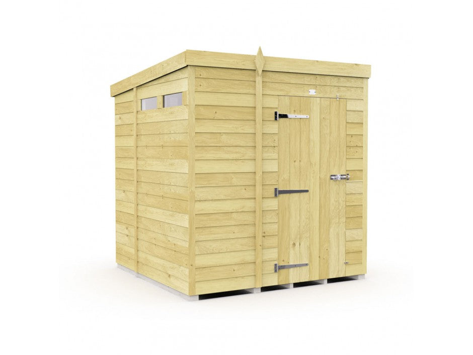 The ShedsDIY Pent Shed, 7ft wide, features a slanted roof with tongue and groove cladding. Its light wood panels and metal hinges provide stylish garden storage against a plain white backdrop.