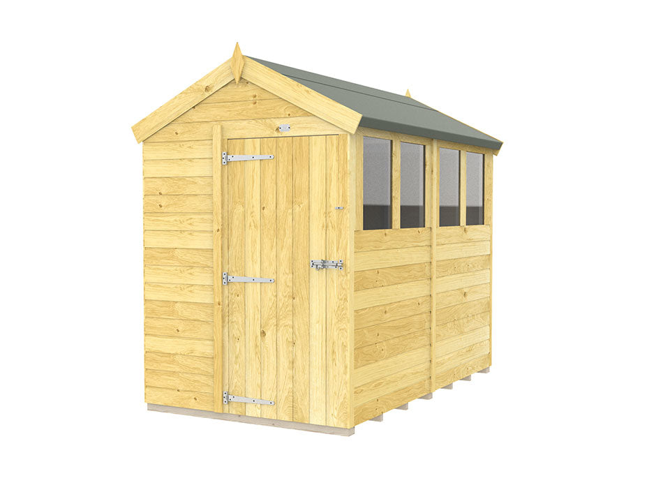 The ShedsDIY Apex Shed 5ft Wide showcases tongue and groove construction with a sloped gray roof, five horizontal windows, and a front left door featuring a metal latch. The light-colored wood contrasts beautifully with the roof, blending durability with classic charm.