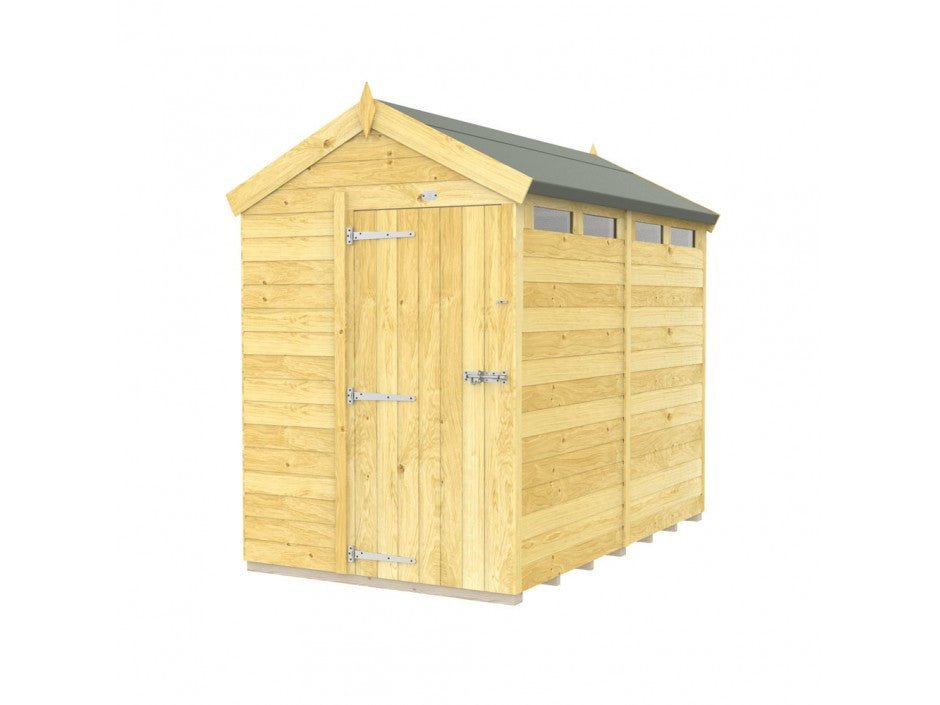 The Apex Shed 5ft Wide by ShedsDIY is a wooden garden shed with tongue and groove construction, featuring a pitched roof, three small horizontal windows near the top, and a left-side door with metal hinges and latch. It has a natural wood finish on a simple base.