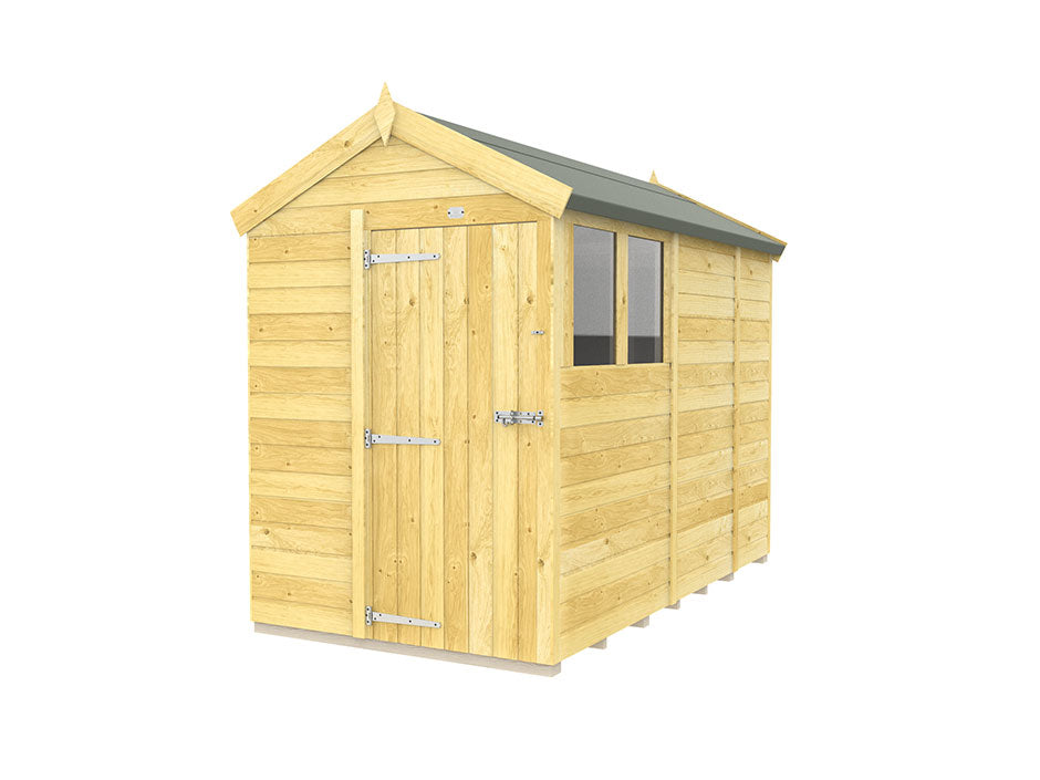 ShedsDIY introduces the Apex Shed 5ft Wide, a wooden outdoor shed with a peaked roof and tongue and groove construction. It features a single hinged door, metal hardware, side rectangular window, horizontally arranged wood panels, and is topped with green roofing material.