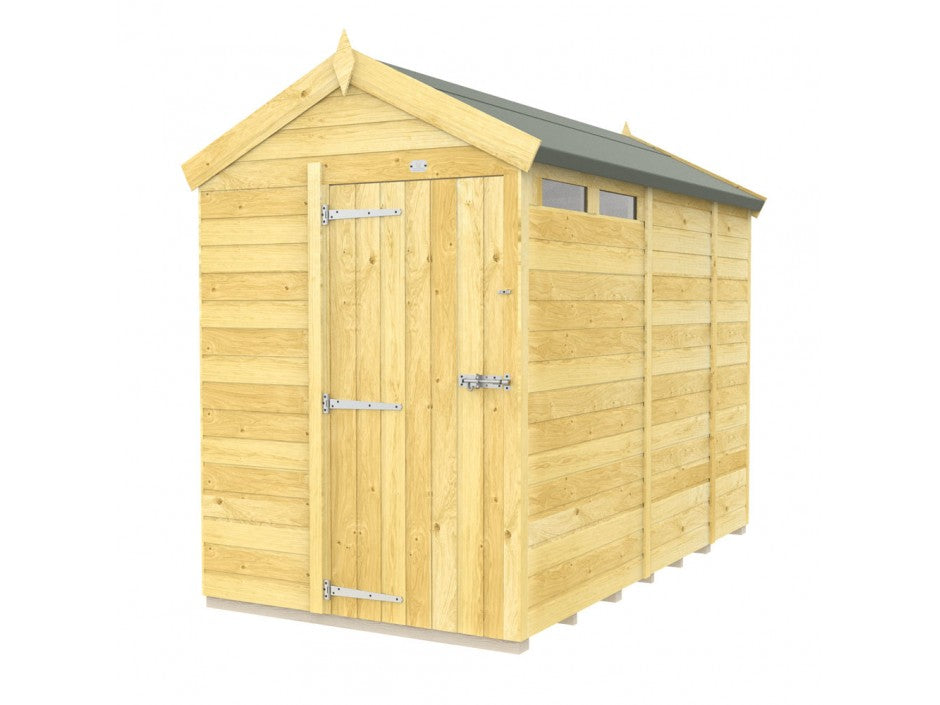 The Apex Shed 5ft Wide from ShedsDIY features tongue and groove construction, vertical wooden panels, a green roof, a single door with metal hinges and latch, and a small window. Displayed on a white background, it's ideal for any garden setting.