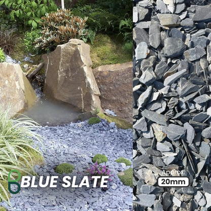 Brisks 20mm Blue Slate Chippings elegantly enhance garden borders around plants and rocks. The left side showcases serene foliage and stones, while the right highlights chippings with "BLUE SLATE" prominently featured.