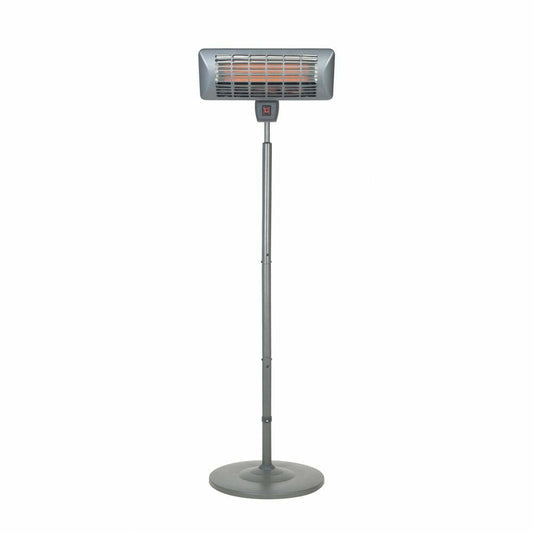 A vertical, freestanding patio heater from La Hacienda features a rectangular heating element perched on a sleek, adjustable pole with a round base. The silver La Hacienda Standing Quartz Heater is crafted for outdoor use and stands as an energy-efficient solution against the plain white background.