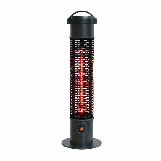 Introducing the La Hacienda Portable Tower Heater by La Hacienda, a sleek and tall cylinder outdoor electric patio heater. It showcases a black metal casing with a visible red heating element inside. Designed for portability, this heater features a circular base and a convenient handle on top, utilizing infrared technology to deliver efficient warmth.