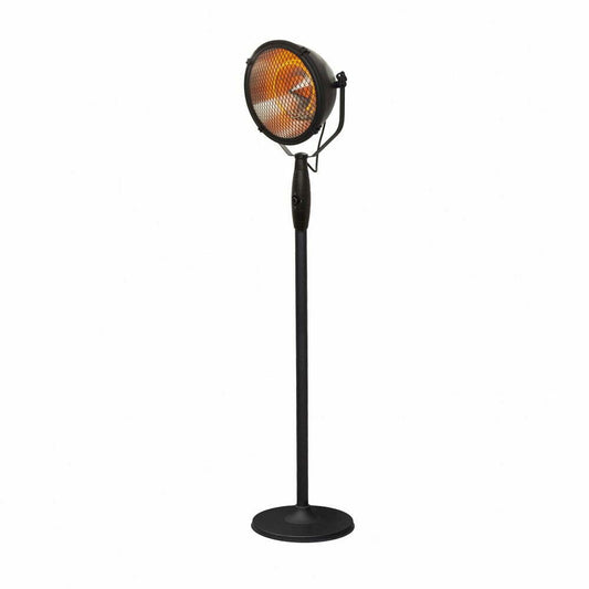 The La Hacienda Vintage Searchlight Heater by La Hacienda is a vintage-style standing floor lamp that features a black base and stand with a round, orange-tinted mesh cover. This design element emits a warm glow reminiscent of directional heat from an industrial searchlight.