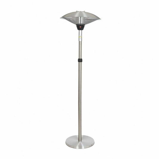 The La Hacienda Silver Standing Heater by La Hacienda features a sleek, straight pole and a wide, round heat lamp at the top. Equipped with energy-efficient infrared technology and a stable, circular base, this stylish silver outdoor patio heater combines both functionality and modern design.