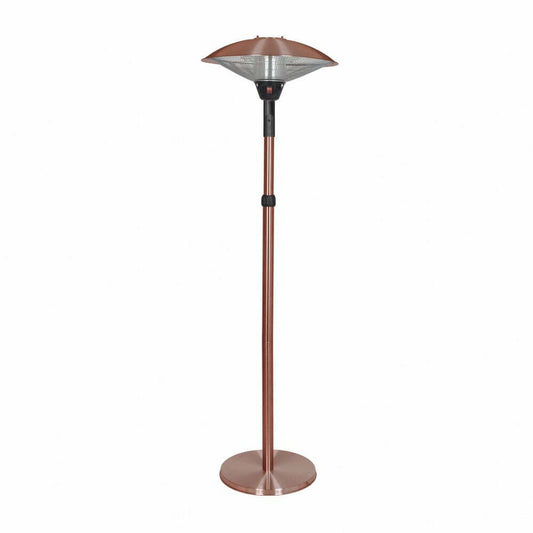 Introducing the La Hacienda adjustable Standing Heater Copper by La Hacienda: a tall and freestanding outdoor electric patio heater featuring a captivating copper finish. It showcases a round base and a conical heat reflector at the top, equipped with sleek infrared technology to provide efficient warmth in any outdoor setting. The design is modern and stylish, making it an excellent choice for your patio.