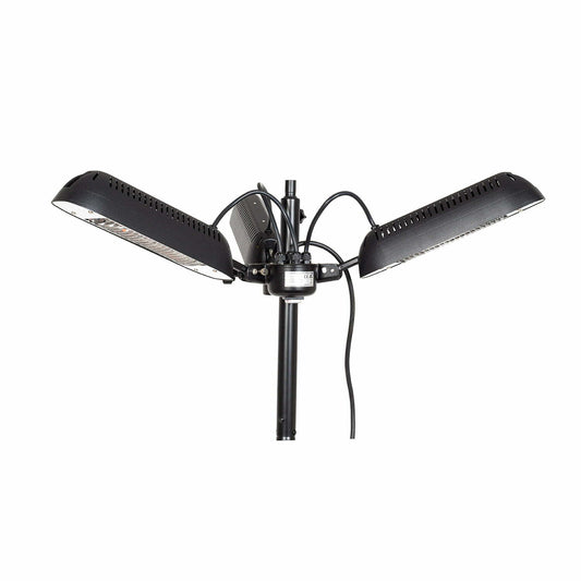 The La Hacienda Headmaster Parasol Heater, with its black finish and three adjustable arms extending from a central pole, strikingly resembles a sophisticated grow light for indoor plants. Each arm features multiple LED bulbs designed to optimize plant growth. The visible cords linking each light to the central unit enhance its elegant appearance, drawing parallels to outdoor heating designs.