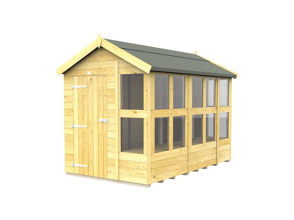 The Apex Potting Shed by ShedsDIY is a weather-resistant wooden garden shed featuring a green sloped roof and multiple large windows on the side. Designed as the perfect potting shed, it includes a single door with sturdy metal hinges and fittings to ensure durability in all conditions.