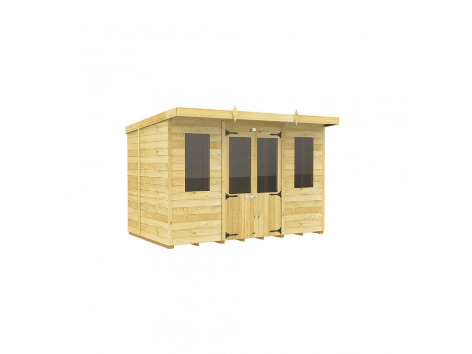 The Pent Summer House by ShedsDIY is a small wooden shed with a flat roof, two tall windows, and a central double door. It serves as garden storage or a cozy summer house. Its weather-resistant natural wood finish contrasts beautifully against a plain white background.
