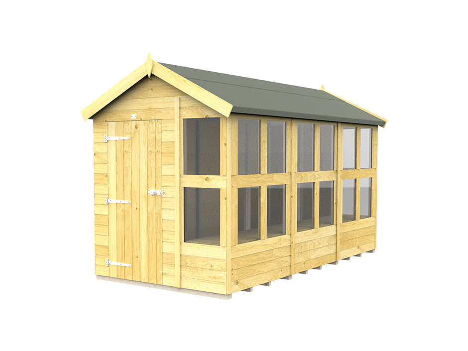 The Apex Potting Shed by ShedsDIY boasts a weather-resistant wooden construction with a green roof and several large windows on one side, making it perfect for potting activities. Its durable, pressure-treated design features a closed wooden door at the front, all showcased against a plain white background.