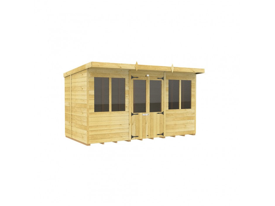 The Pent Summer House by ShedsDIY is a weather-resistant wooden garden room with a flat roof and three front-facing windows. It features wood paneling, a centrally placed double door flanked by the windows, making it perfect for garden storage or as a cozy summer retreat.