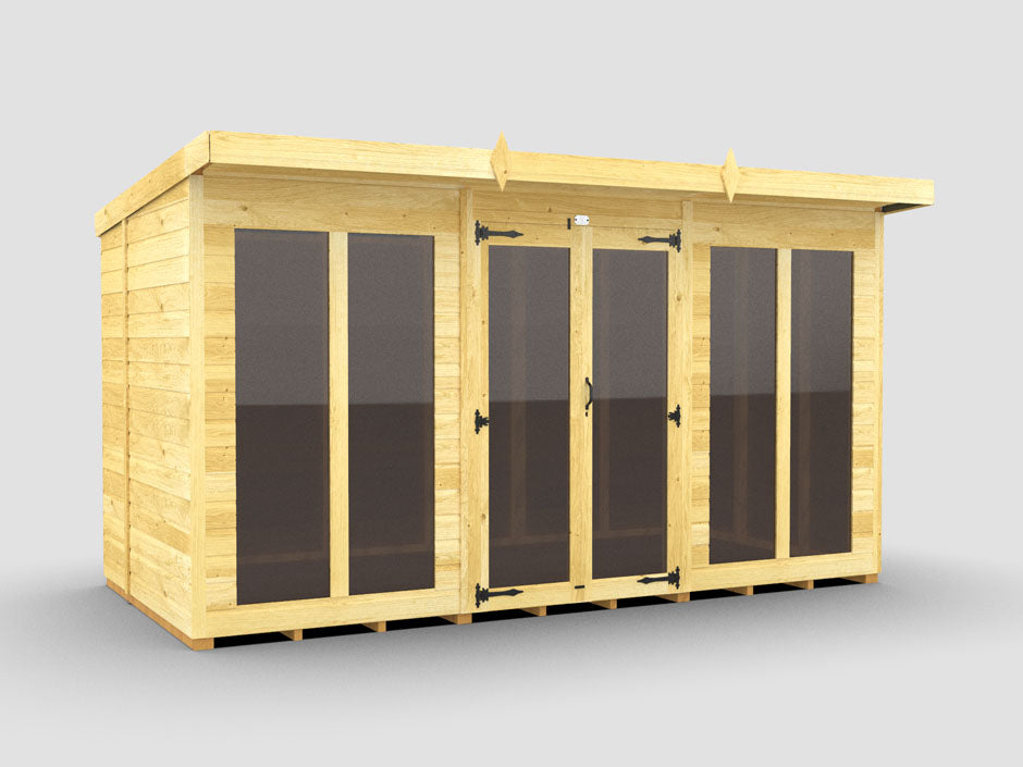 The ShedsDIY Pent Summer House is a stylish wooden structure featuring a modern design with glass doors and windows. Its weather-resistant flat roof and natural wood finish stand elegantly against a plain gray background.