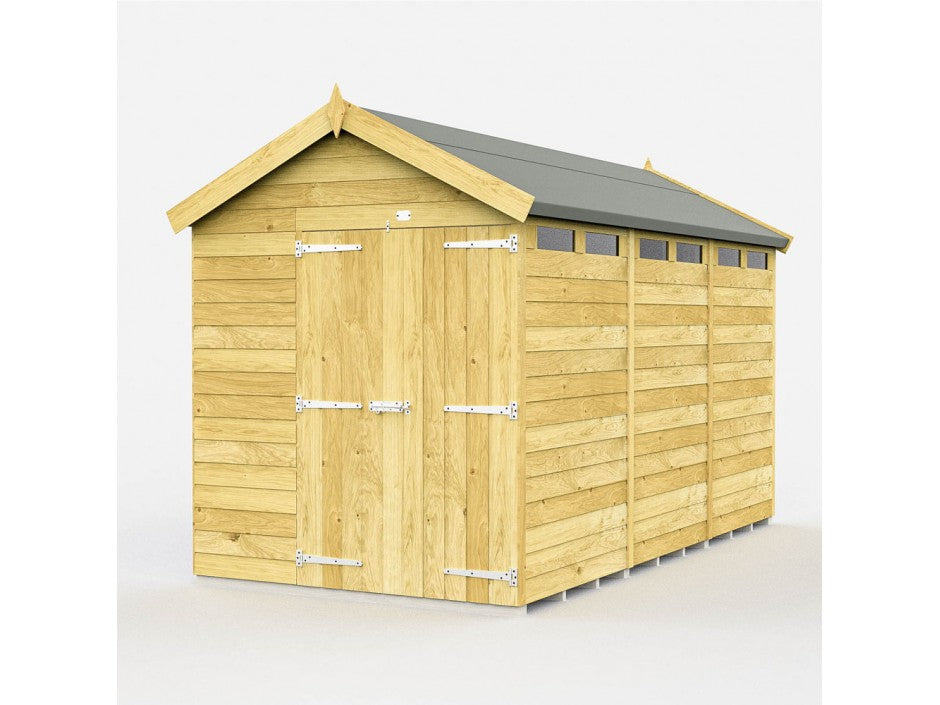 The ShedsDIY Apex Shed 6ft Wide boasts a pitched roof, several small windows high up, horizontal wood paneling, and double doors with metal hinges and brackets, making it a standout choice for wooden garden storage buildings.