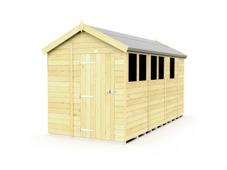 The 6ft wide ShedsDIY Apex Shed features a charming design with a pitched roof and multiple windows on one side. It has a light-colored wooden exterior, single door with metal hinges and latch, and a gray roof—classic style for ideal garden storage.