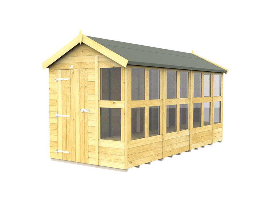 The Apex Potting Shed by ShedsDIY is a wooden outdoor potting shed that comes with a weather-resistant green roof and a single door. It features multiple large windows on one side, providing ample natural light, ideal for gardening enthusiasts.