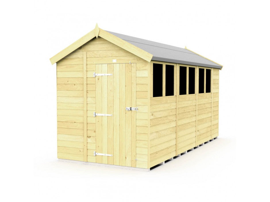 The Apex Shed 6ft Wide by ShedsDIY features light wood panels, a sloped dark gray roof, a single metal-hinged door at the front, and four rectangular side windows, making it both functional and stylish.