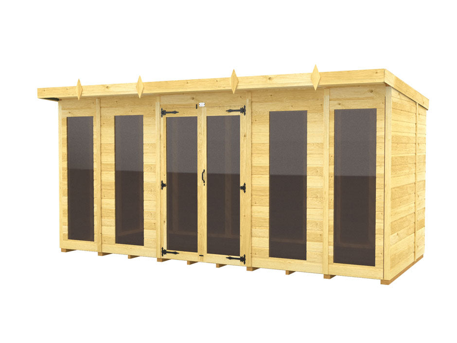 The Pent Summer House by ShedsDIY features a flat roof, tall glass windows, and central double doors with black hinges. It has a light wood finish and is surrounded by weather-resistant vertical slat paneling, making it perfect for summer houses.