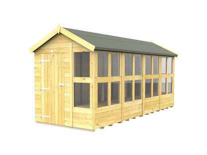 The Apex Potting Shed by ShedsDIY is designed with a wooden frame and a green roof, featuring multiple large windows and a single door with metal hinges. Its long, narrow design makes it weather resistant and perfect for garden use or as an outdoor shelter.